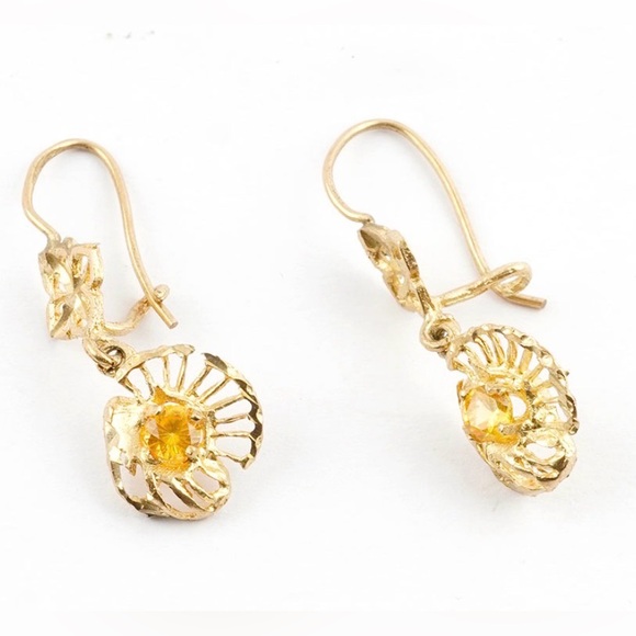 Vintage 10K Yellow Gold Floral Dangle Earrings | Yellow Stones | 2.4g - Picture 2 of 10